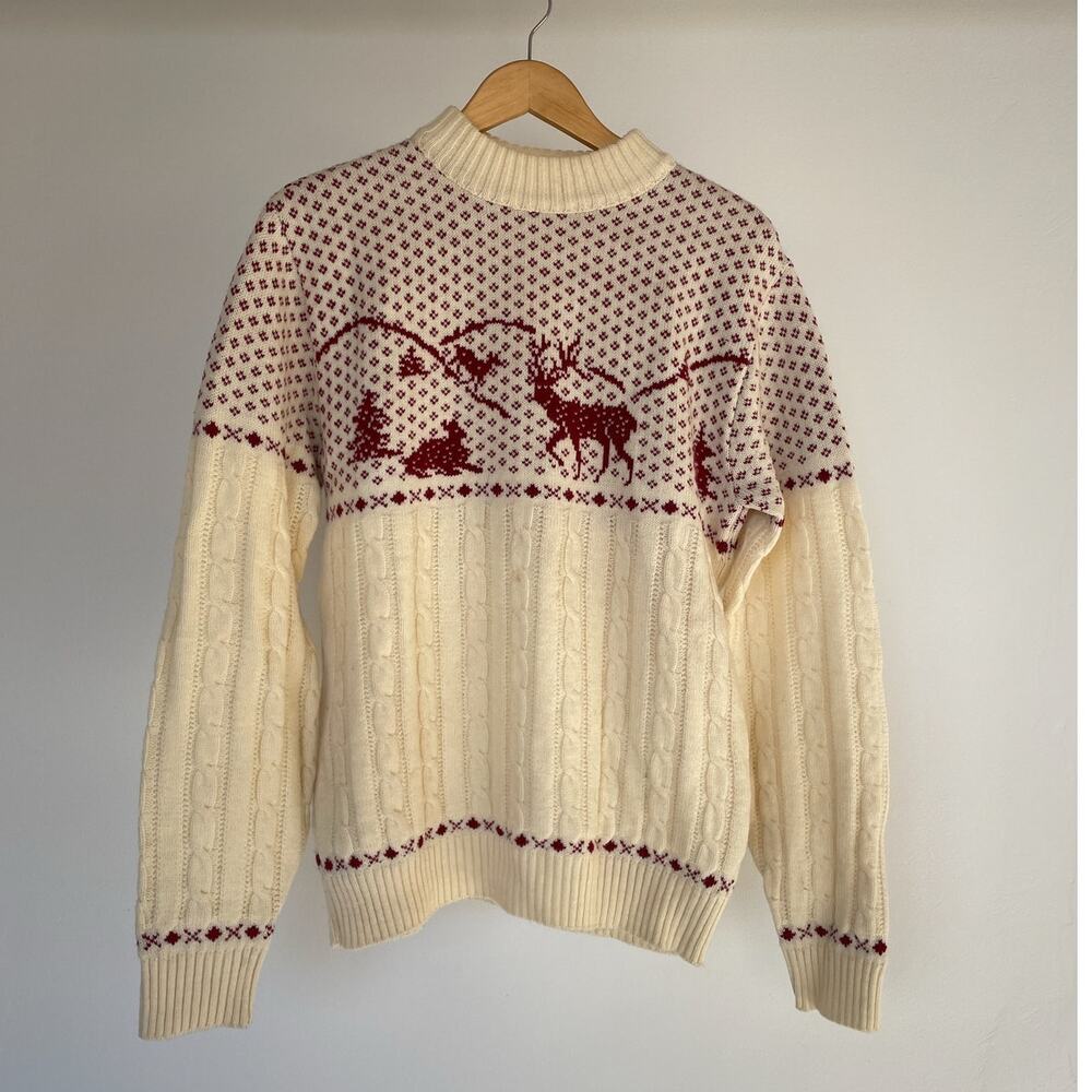 Vintage 70s JANTZEN Knit Patterned Deer Sweater / Sz L / Landscape Retro